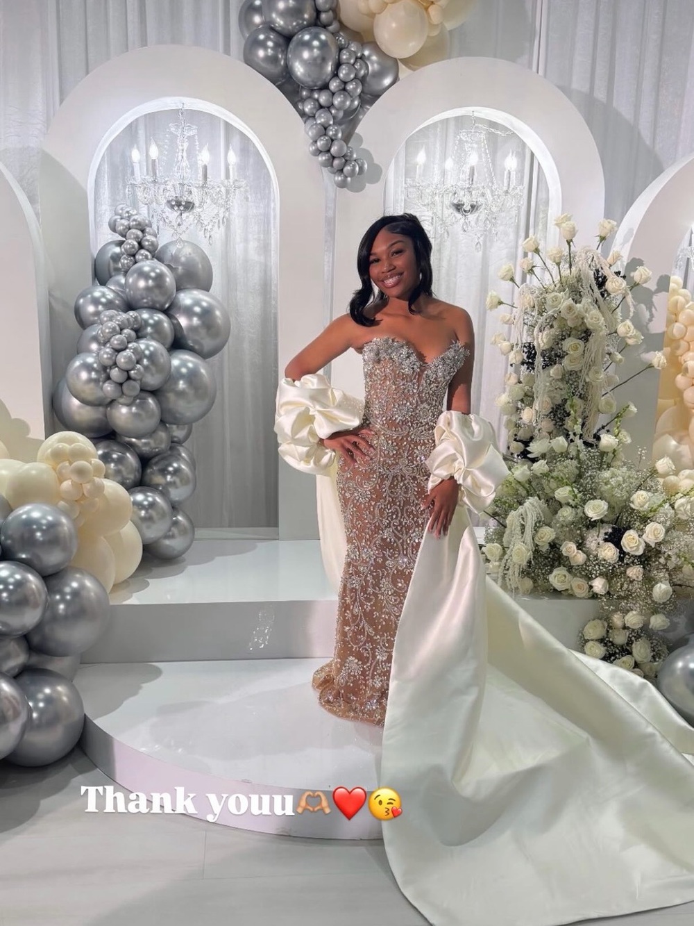 Embellished Strapless Evening Gown prom dress with Satin overskirt custom piece